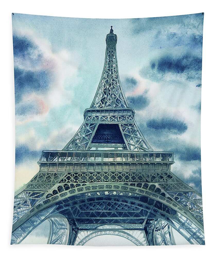 Eiffel Tower Tapestry featuring the painting Eiffel Tower In Teal Blue Watercolor French Chic Decor by Irina Sztukowski