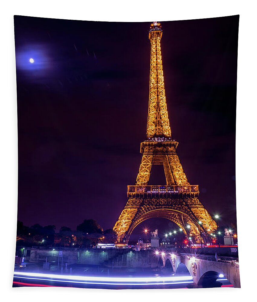 Eiffel Tower Tapestry featuring the photograph Eiffle tower and the moon in Paris by Andrew Lalchan