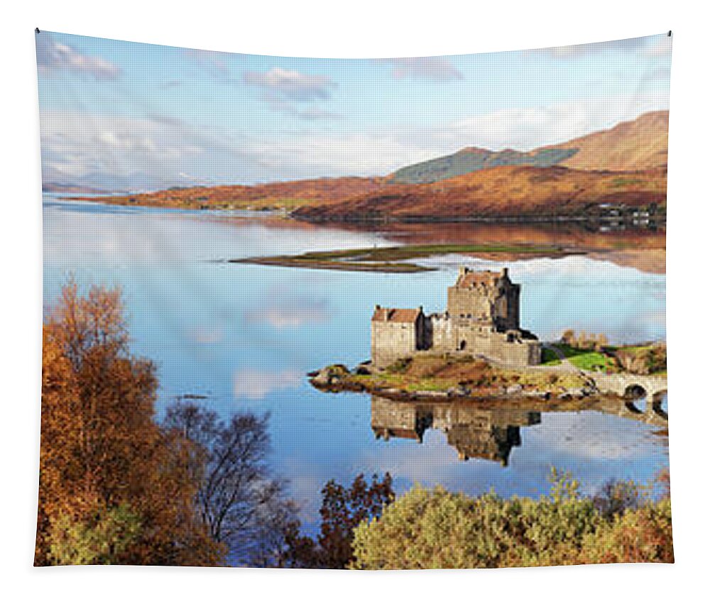 Eilean Donan Tapestry featuring the photograph Eilean Donan Castle Panorama in Autumn by Grant Glendinning