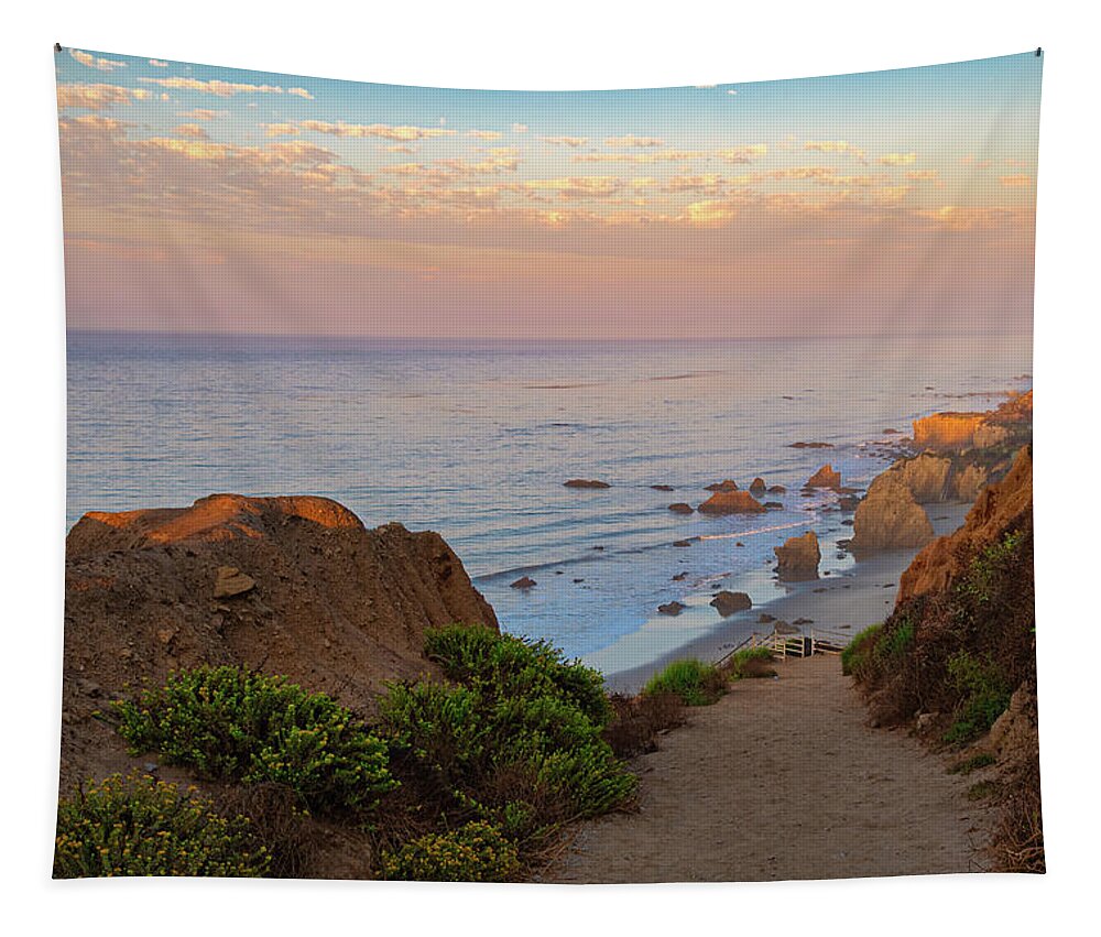 El Matador Tapestry featuring the photograph El Matador Beach Path at Sunrise by Matthew DeGrushe