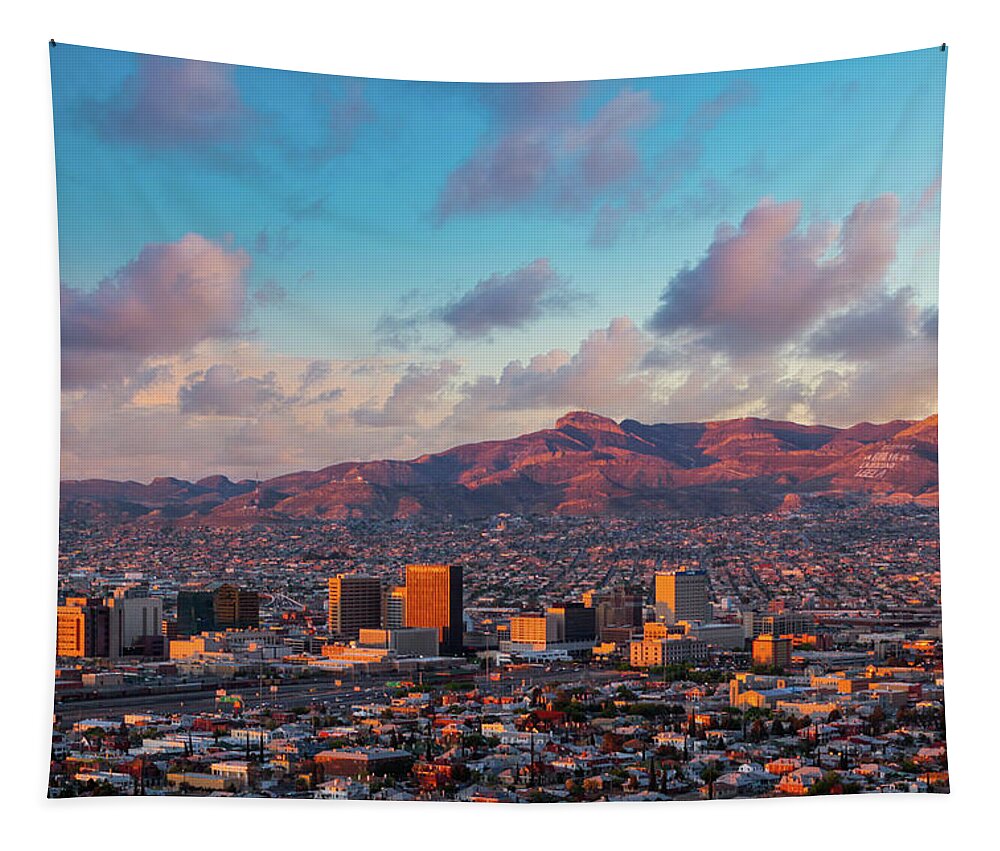 El Paso Tapestry featuring the photograph El Paso Downtown Sunrise by SR Green