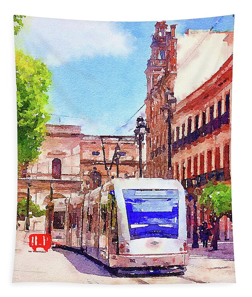 Tram Tapestry featuring the mixed media Electric tram Seville, Spain by Tatiana Travelways