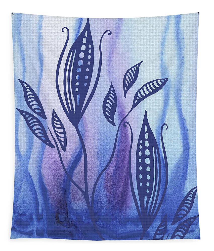 Floral Pattern Tapestry featuring the painting Elegant Pattern With Leaves In Blue And Purple Watercolor II by Irina Sztukowski