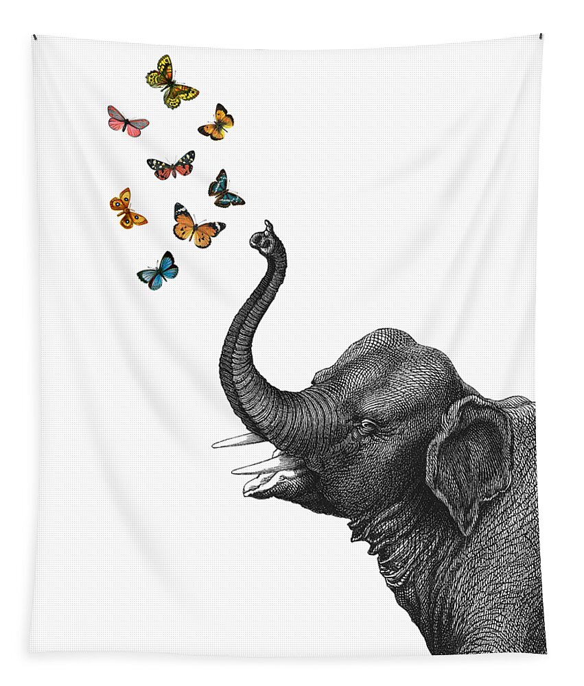 Elephant Tapestry featuring the digital art Elephant blowing butterflies by Madame Memento