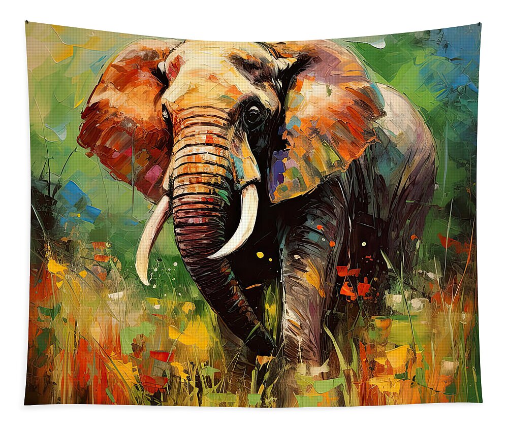 Gray And Red Art Tapestry featuring the painting Elephant Rhapsody by Lourry Legarde