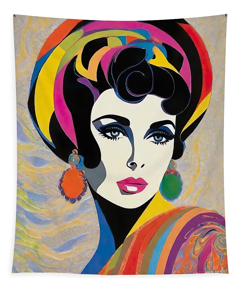 Elizabeth Taylor Tapestry featuring the digital art Elizabeth Taylor abstract portrait by Movie World Posters
