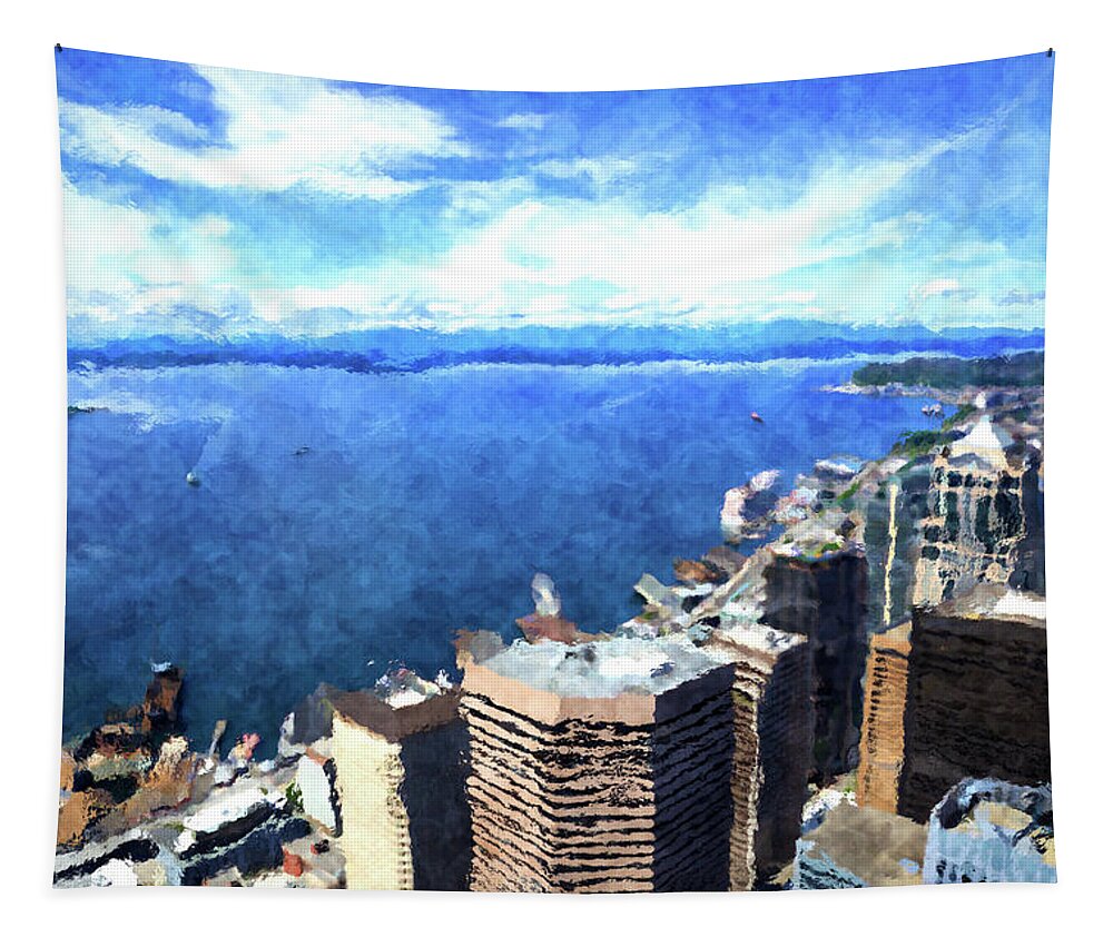 Columbia Center Tapestry featuring the digital art Elliott Bay Seattle by SnapHappy Photos