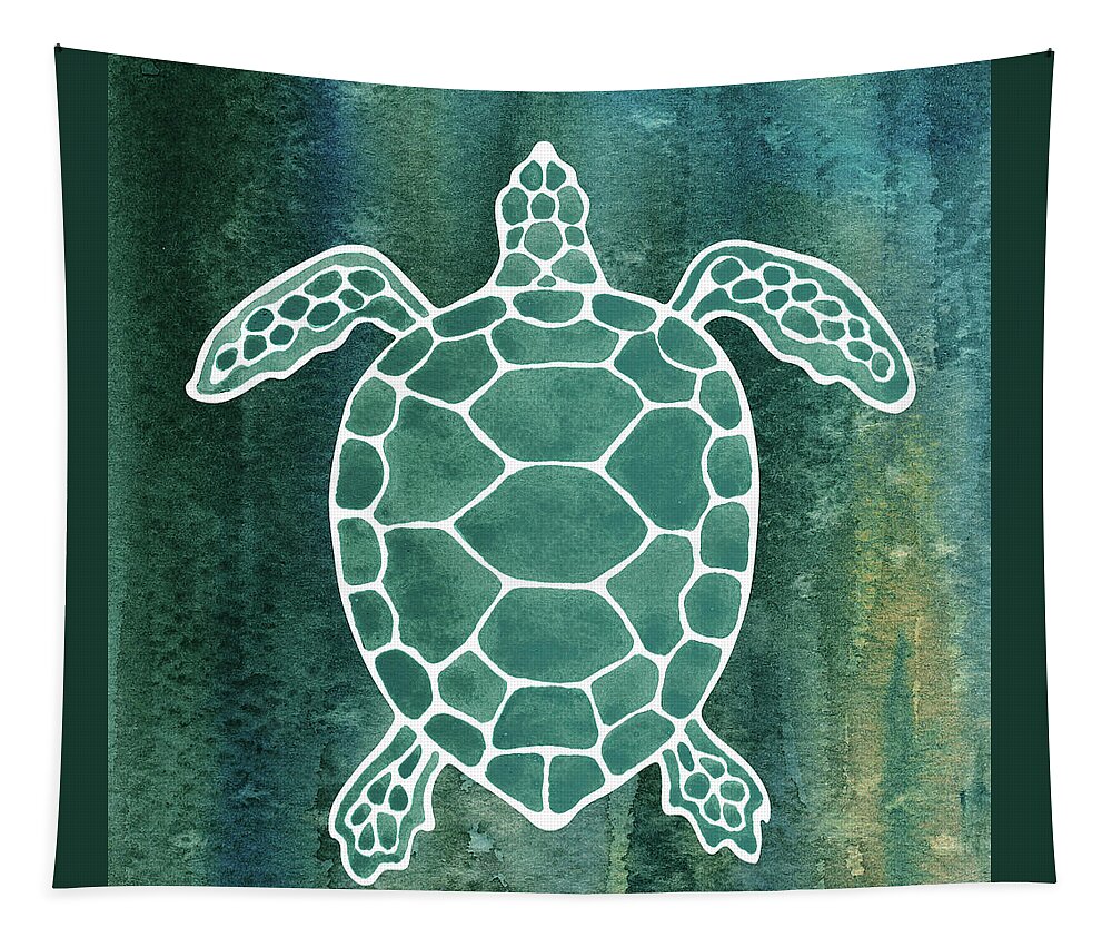 Teal Turtle Tapestry featuring the painting Emerald Green Sea Turtle Teal Blue Watercolor by Irina Sztukowski