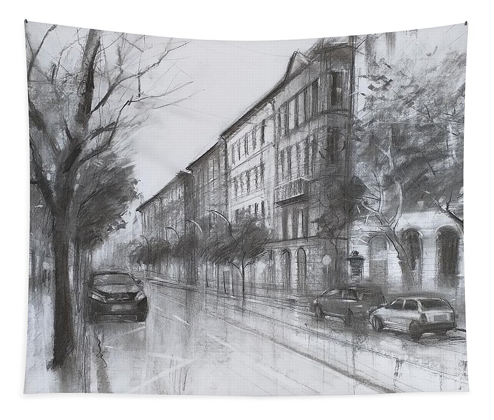 Charcoal Tapestry featuring the drawing Empty city by Lorand Sipos