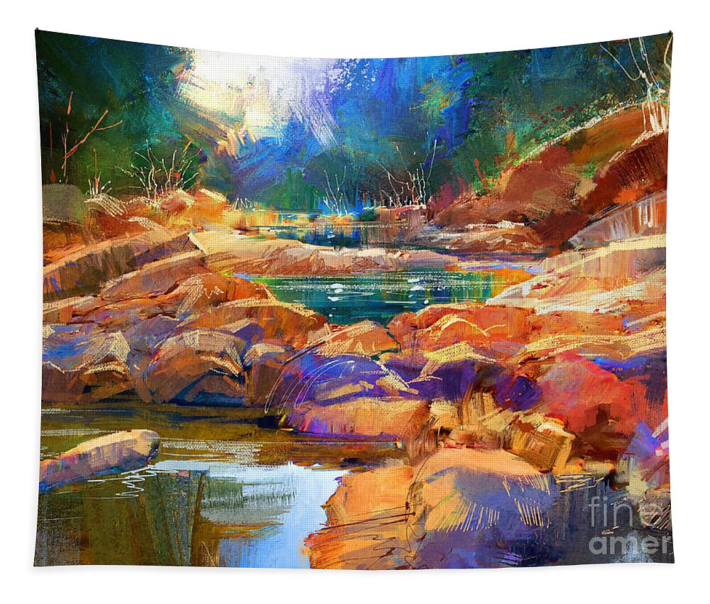 Abstract Tapestry featuring the painting Enchanted Creek by Tithi Luadthong