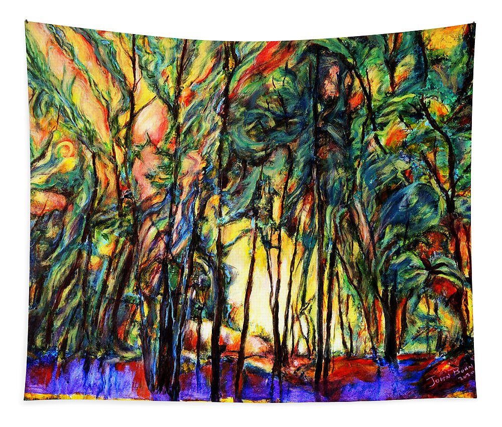 Acrylic Painting Enchanted Forest Sunset Scene Abstract Landscape Tapestry featuring the painting Enchanted Forest by John Bohn