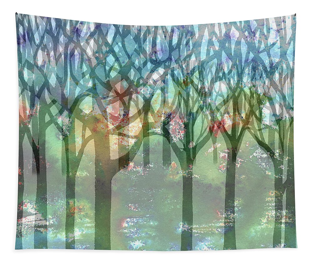 Abstract Forest Tapestry featuring the painting Enchanted Forest Watercolor Silhouette Trees Branches Splashes Reflections by Irina Sztukowski