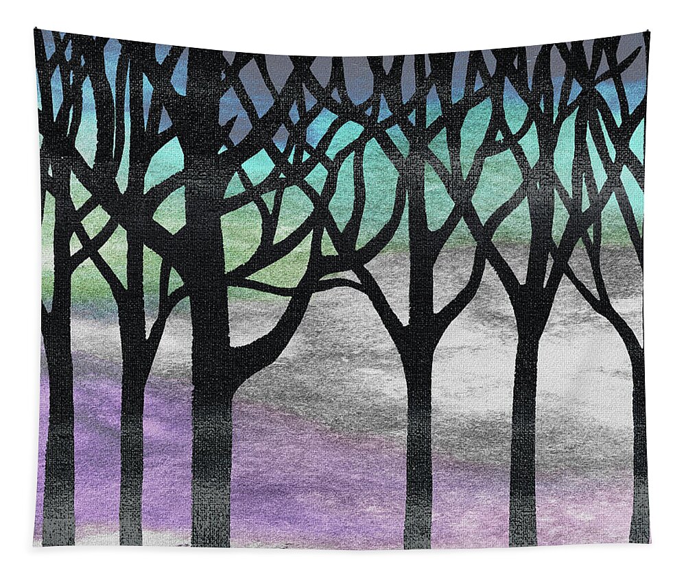 Abstract Forest Tapestry featuring the painting Enchanted Forest Watercolor Silhouette Trees Branches Turquoise Purple Wind by Irina Sztukowski