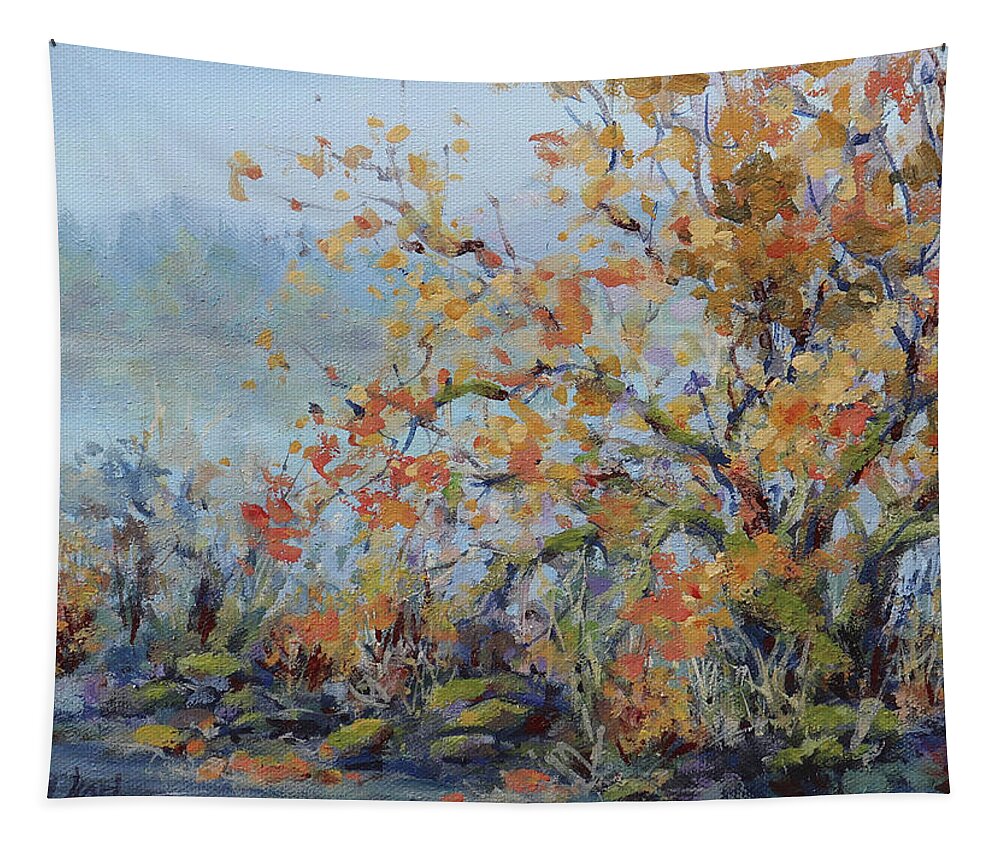 Landscape Tapestry featuring the painting End of Autumn by Karen Ilari