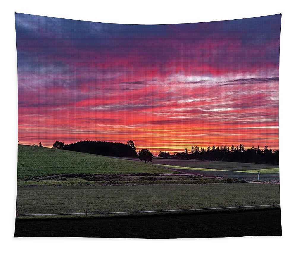 Sunset On The Farm Tapestry featuring the photograph End of day on the farm by Ulrich Burkhalter