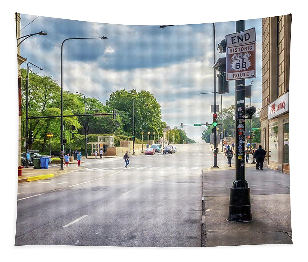 Route 66 Tapestry featuring the photograph End Route 66 Sign - Chicago, Illinois by Susan Rissi Tregoning