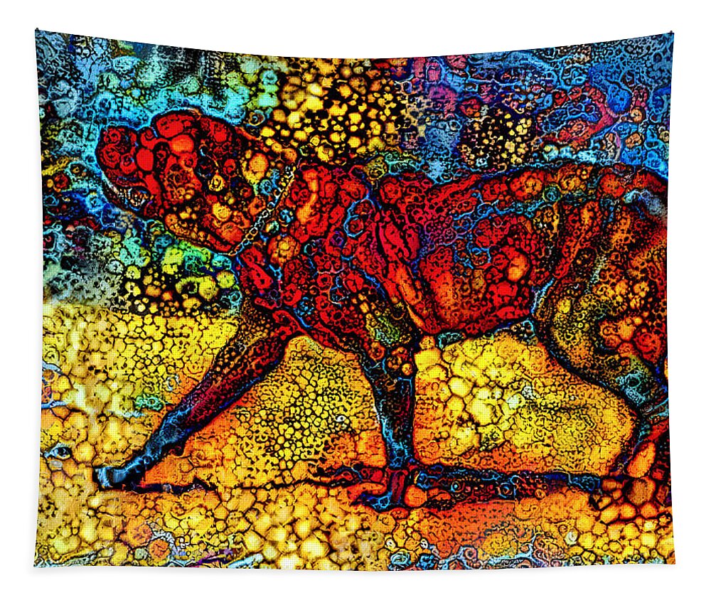 English Mastiff Tapestry featuring the digital art English Mastiff waiting for a treat - colorful abstract painting in blue, yellow and red by Nicko Prints