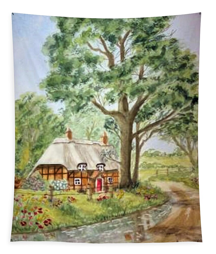 Cottage Tapestry featuring the painting English Thatched Roof Cottage by Kelly Mills