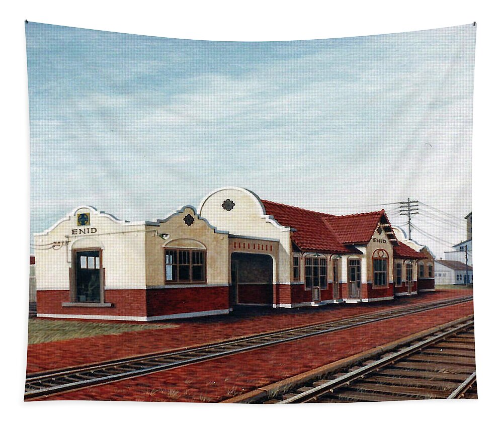 Architectural Landscape Tapestry featuring the painting Enid Oklahoma Depot by George Lightfoot