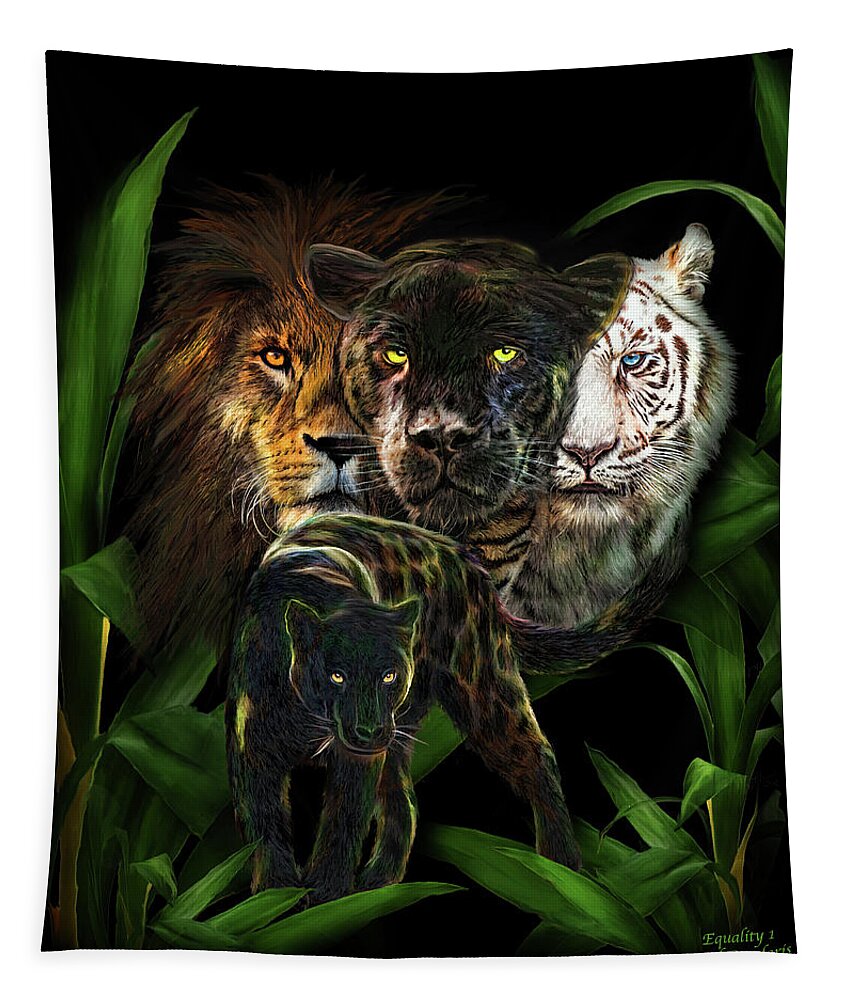 Carol Cavalaris Tapestry featuring the mixed media Equality 1 - Panther Lion Tiger by Carol Cavalaris
