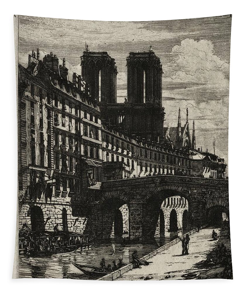 Etchings Of Paris Le Petit Pont 1850 Charles Meryon Etching Tapestry featuring the painting Etchings of Paris Le Petit Pont 1850 Charles Meryon by MotionAge Designs