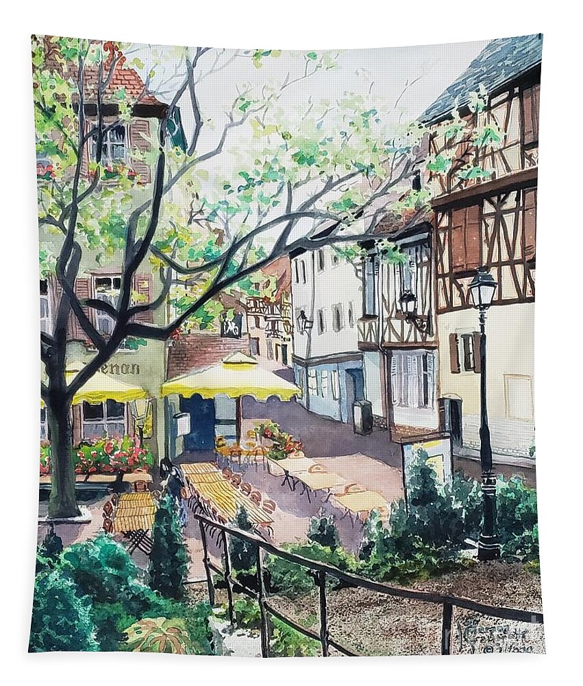Colmar Tapestry featuring the painting European Outdoor Dining by Merana Cadorette