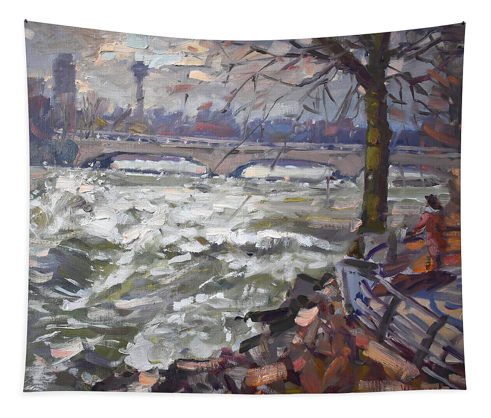 Niagara River Tapestry featuring the painting Evening at Roaring Niagara River by Ylli Haruni