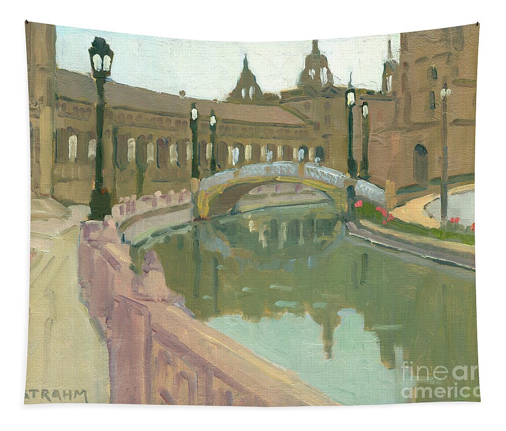 Plaza De Espana Tapestry featuring the painting Evening Light At Plaza De Espana - Seville, Spain by Paul Strahm