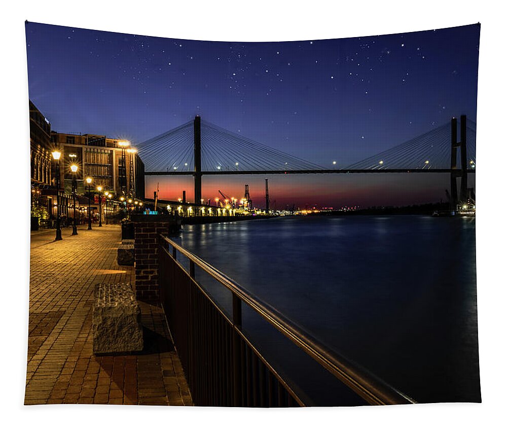 Riverwalk Tapestry featuring the photograph Evening on the Savannah Riverwalk by Shelia Hunt