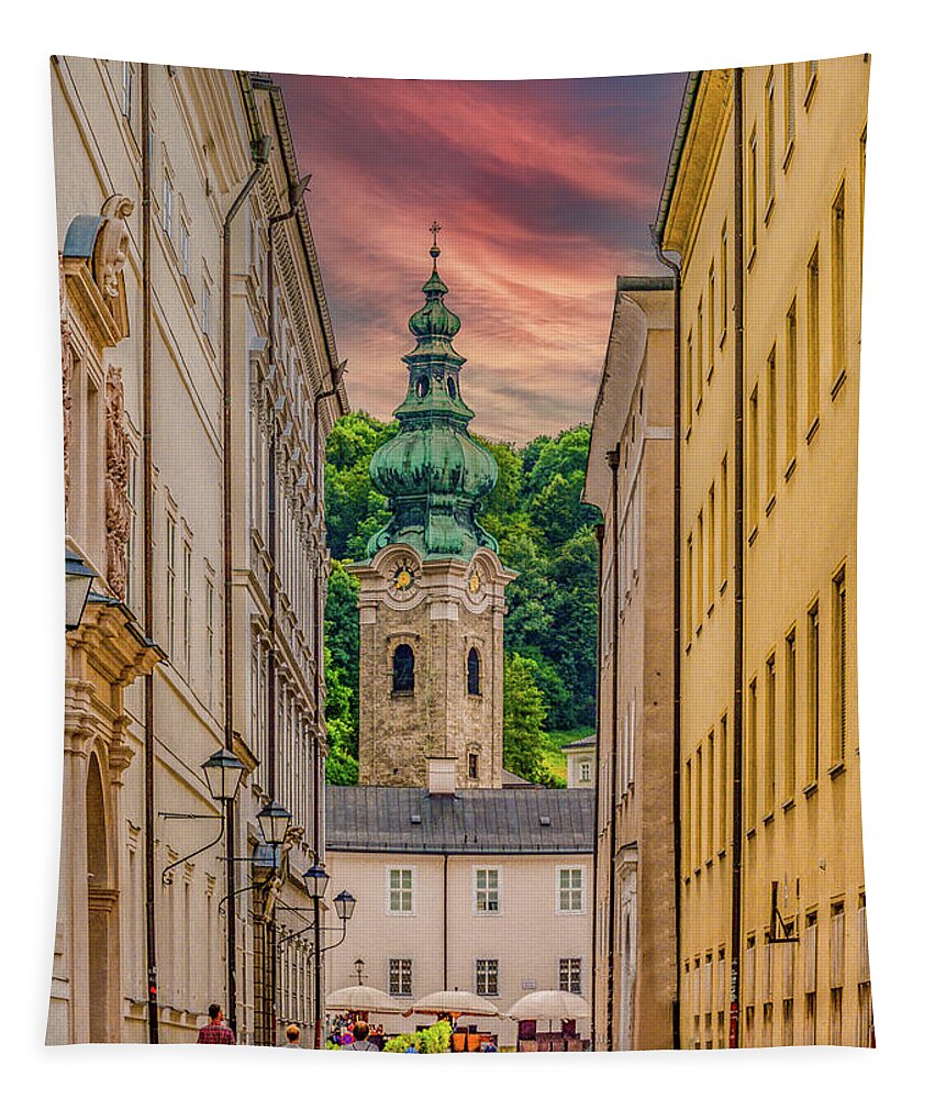 Spires Tapestry featuring the photograph Evening Walk in Salzburg by Marcy Wielfaert