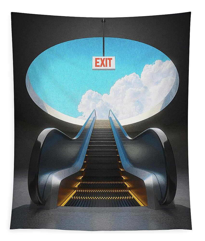 Escalator Tapestry featuring the digital art Exit strategy by Bespoke Cube