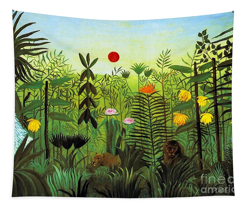 Exotic Landscape With Lion And Lioness In Africa Tapestry featuring the painting Exotic Landscape with Lion and Lioness in Africa by Henri Rousseau