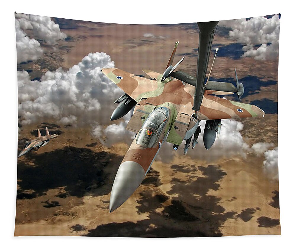 F-15 Tapestry featuring the digital art F-15I Ra'am Refueling froma KC-10 Extender by Custom Aviation Art