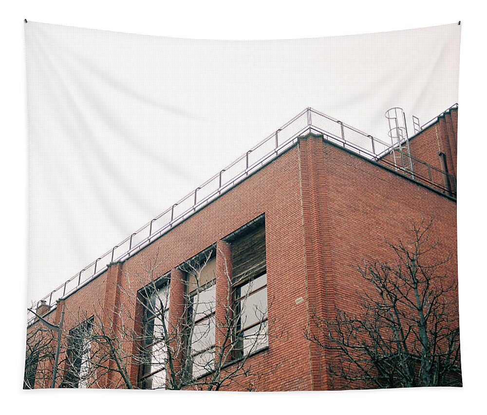 Facade Tapestry featuring the photograph Facade of industrial building made of bricks by Barthelemy De Mazenod