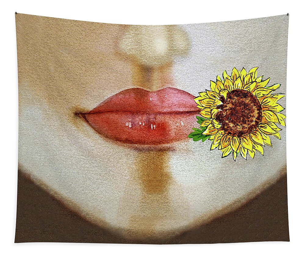 Face Mask Tapestry featuring the painting Face With Lips Nose And Sunflower Flower Watercolor by Irina Sztukowski