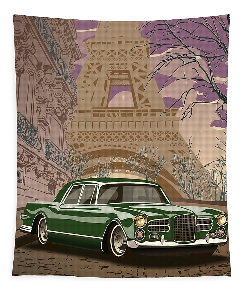Art Deco Tapestry featuring the digital art Facel Vega - Paris est a nous. Classic Car Art Deco Style Poster Print Green Edition by Moospeed Art