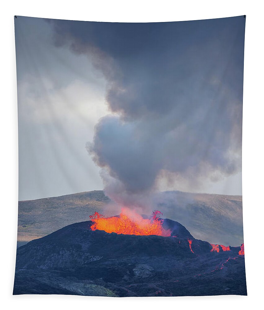 Volcano Tapestry featuring the photograph Fagradalsfjall volcano eruption, Iceland by Delphimages Photo Creations