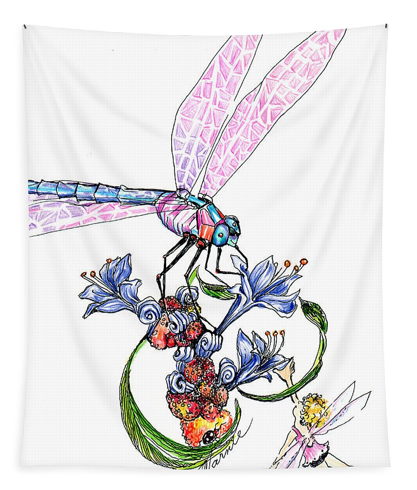 Bug Tapestry featuring the drawing Fairy and Dragonfly by Marnie Clark