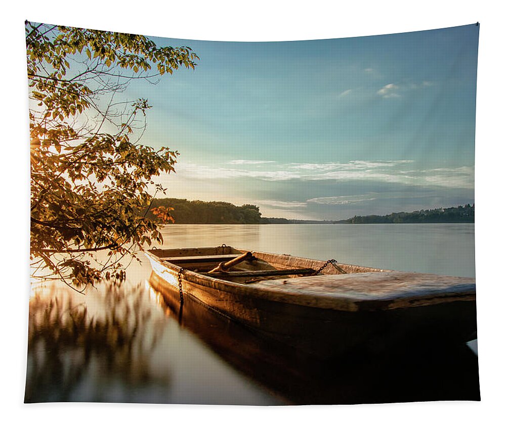 Rowboat Tapestry featuring the photograph Fairy-tale boat moored on the shore by Vaclav Sonnek
