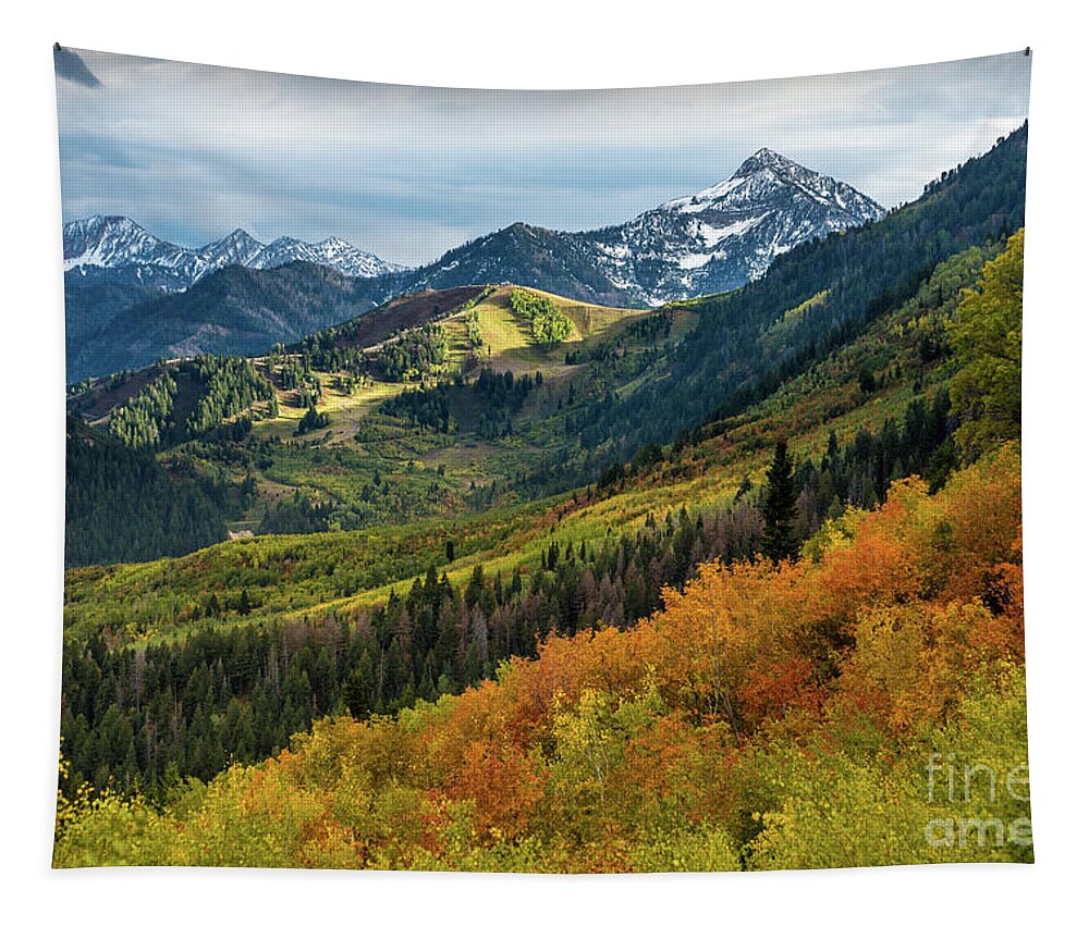 Wasatch Mountains Tapestry featuring the photograph Fall at Cascade Peak and Sundance from Alpine Loop 2 by Gary Whitton