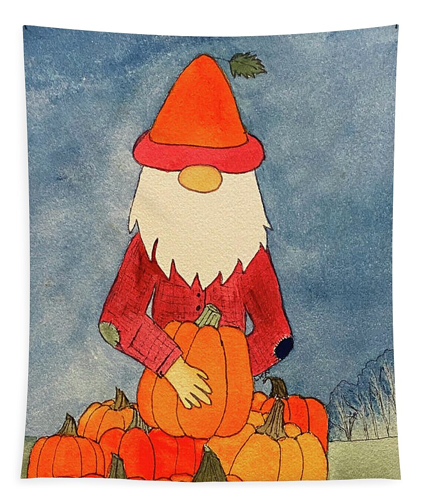 Fall Tapestry featuring the mixed media Fall Gnome with Pumpkins by Lisa Neuman