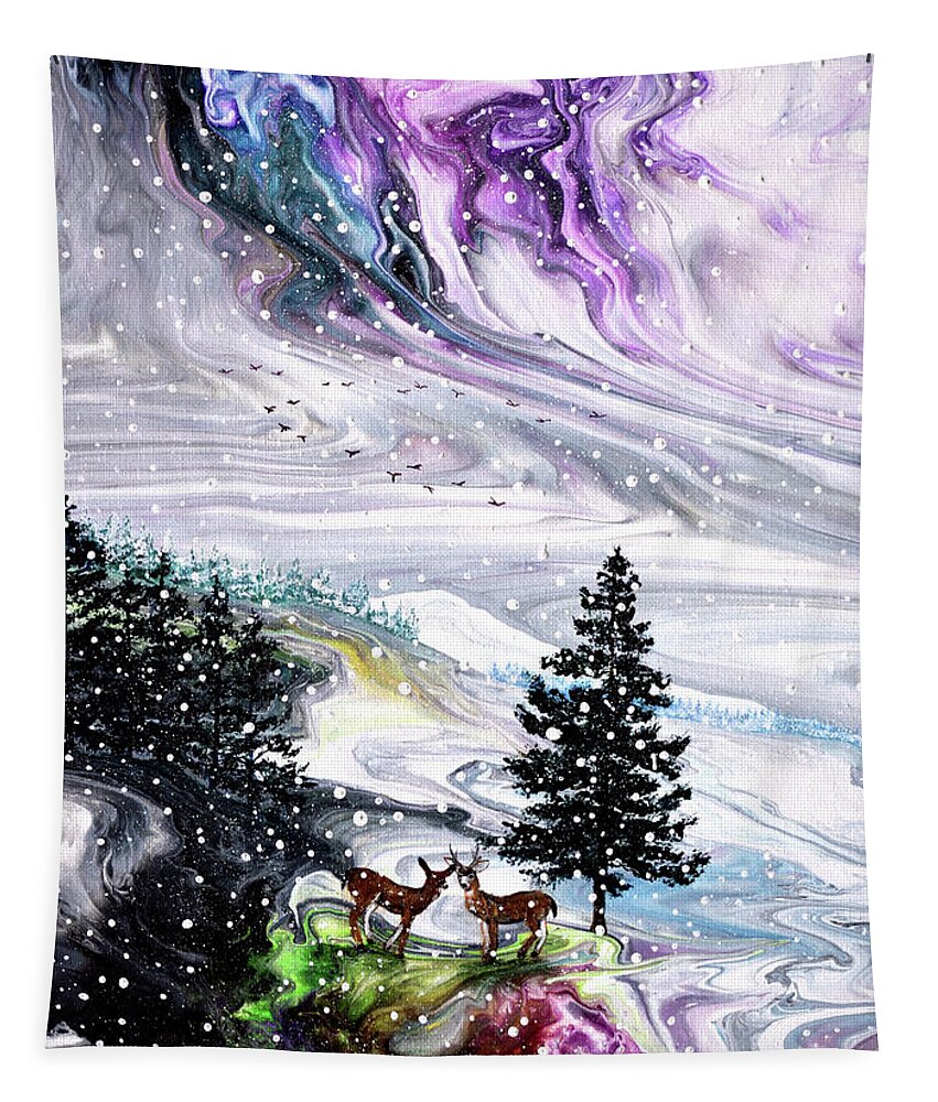 Pine Tree Tapestry featuring the painting Falling Snow on the Mountains by Laura Iverson