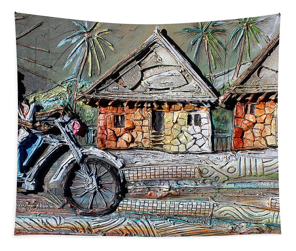 Africa Tapestry featuring the painting Family Cyclist by Paul Gbolade Omidiran