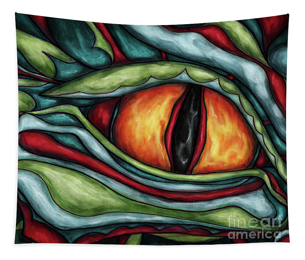 Green Dragon Tapestry featuring the painting Fantasy dragon eye painting, green dragon by Nadia CHEVREL