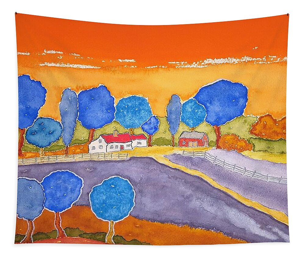 Watercolor Tapestry featuring the painting Faraway Farm by John Klobucher