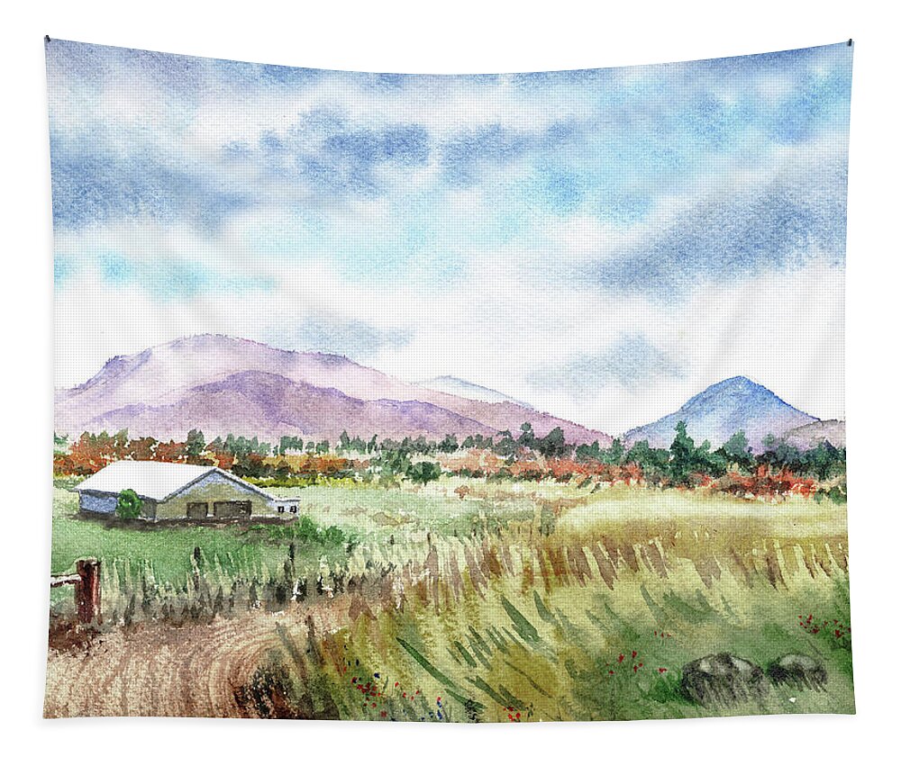 Barn Tapestry featuring the painting Farm Barn Mountains Road In The Field Watercolor Impressionism by Irina Sztukowski