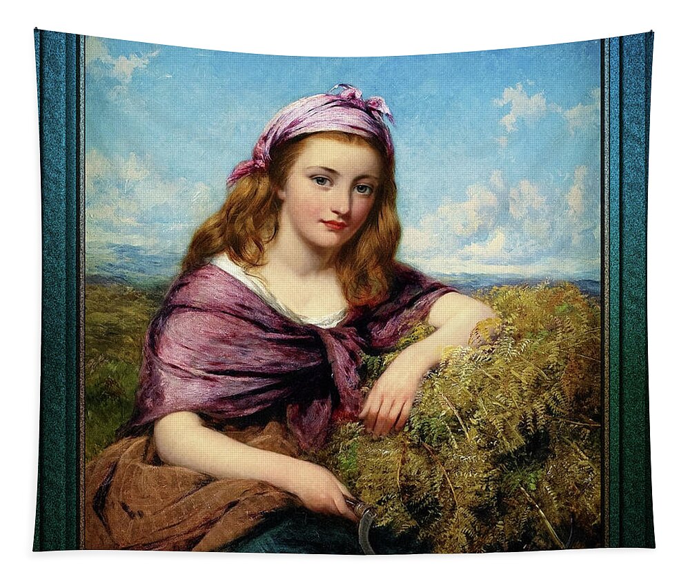 Farm Girl Tapestry featuring the painting Farm Girl with Sickle and Cut Flowers by Edward John Cobbett Classical Art Old Masters Reproduction by Rolando Burbon