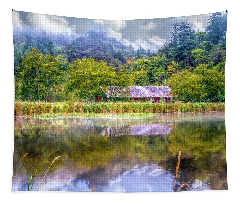 Barns Tapestry featuring the photograph Farm on the Edge of the Lake by Debra and Dave Vanderlaan