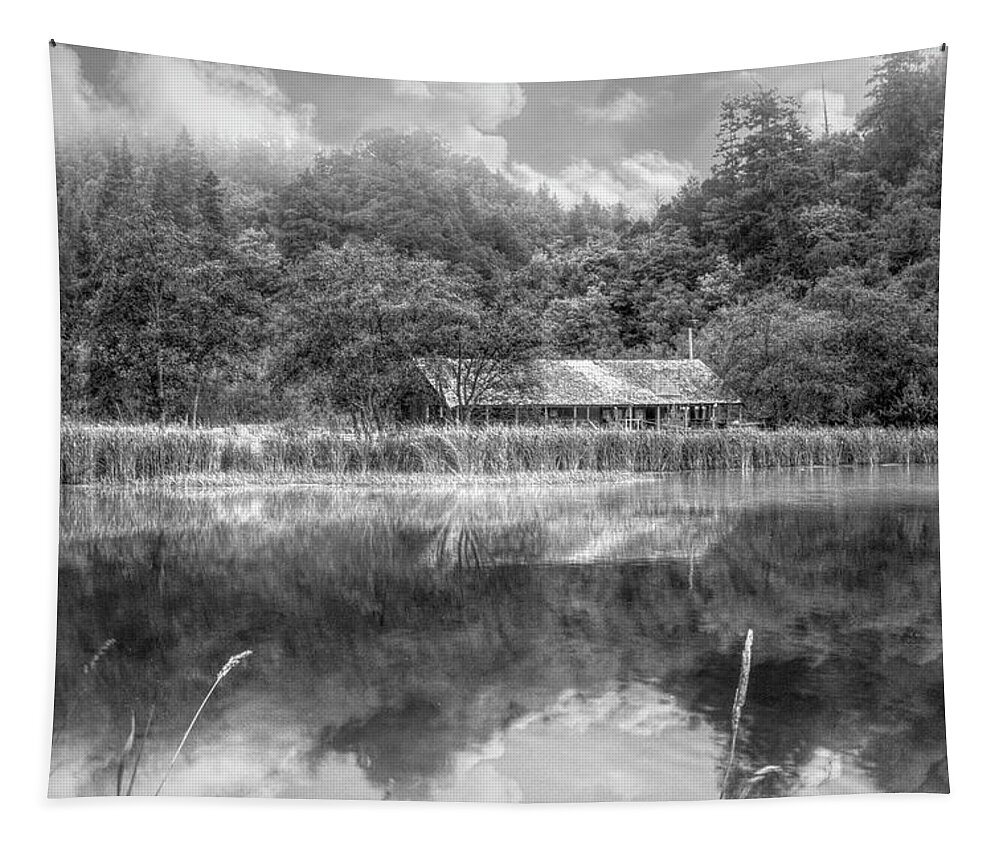 Barns Tapestry featuring the photograph Farm on the Edge of the Lake in Black and White by Debra and Dave Vanderlaan