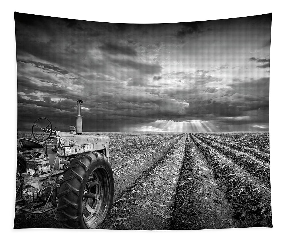 Art Tapestry featuring the photograph Farmall Tractor with Field Furrows and Sunburst Sky in Black and by Randall Nyhof